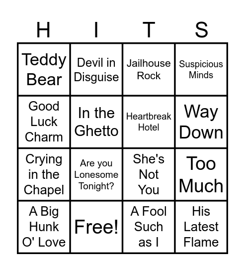 Elvis #1 Hits Bingo Card