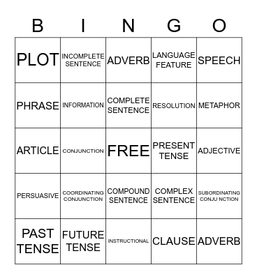 WRITING DEFINITIONS Bingo Card