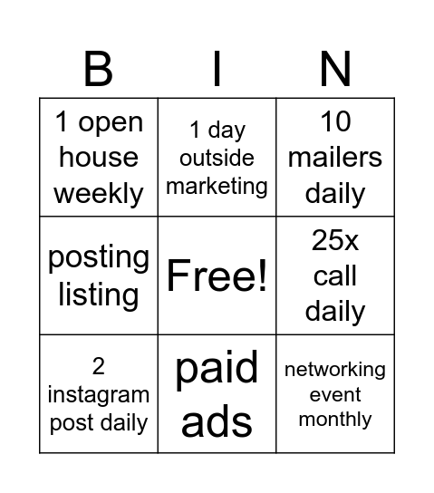 Real estate Bingo Card
