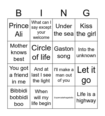 Disney Bingo Card