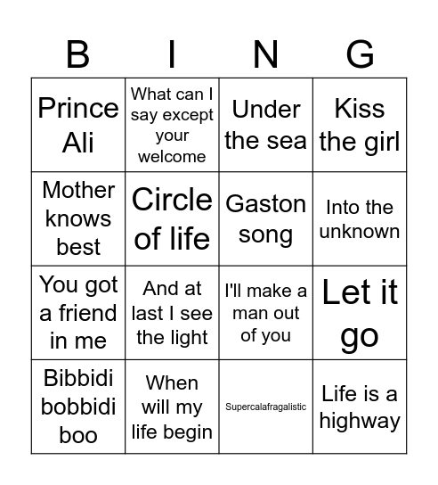 Disney Bingo Card