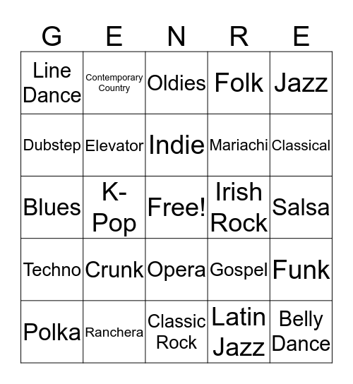 Musical Styles Bingo Card