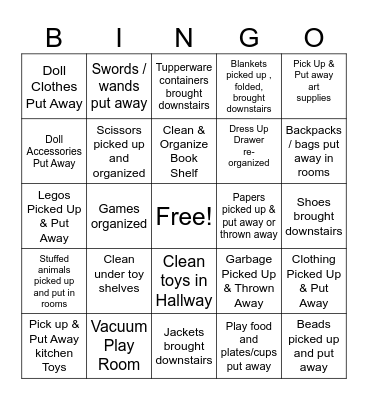 Play Room Pickup Bingo Card