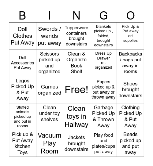Play Room Pickup Bingo Card
