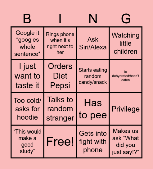 Mom Bingo Card