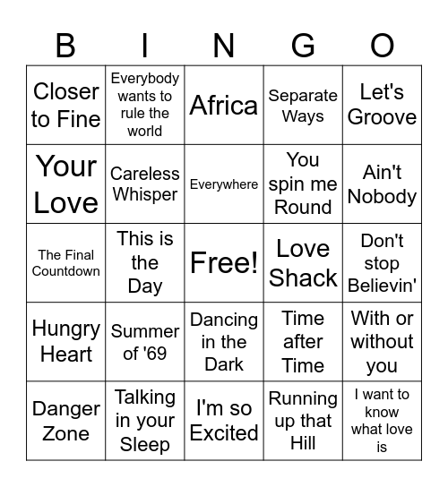 80's Bingo Card