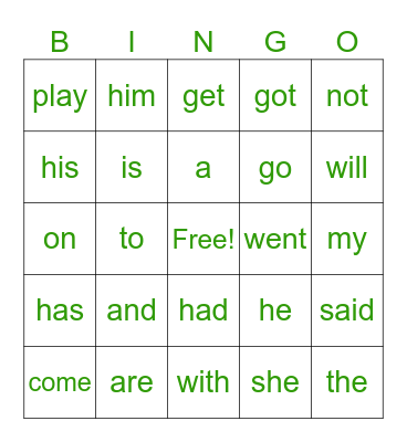 Sight Words Bingo Card