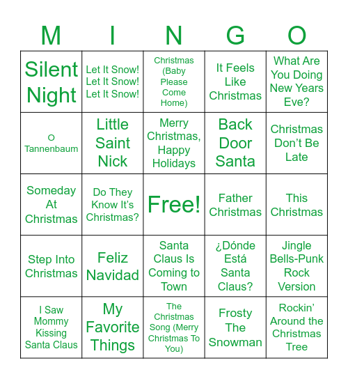 Mingo Holiday Version Bingo Card