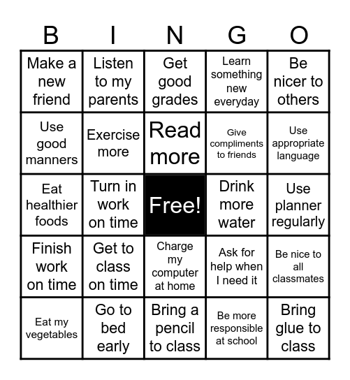 New Year’s Resolutions Bingo Card