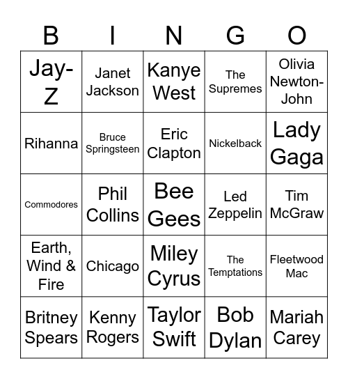 Five-0-Five Music Bingo - Greatest of All Time 2 Bingo Card