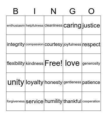 Virtue Bingo Card