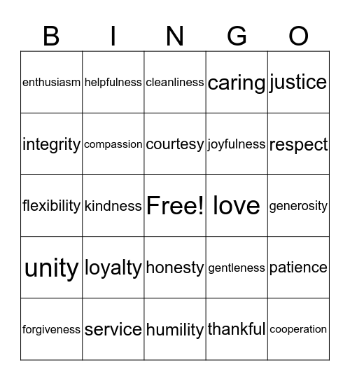 Virtue Bingo Card