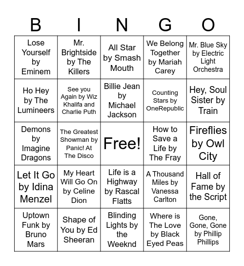 Iconic Songs Bingo Card