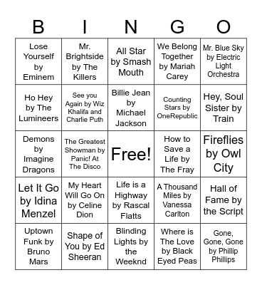 Iconic Songs Bingo Card