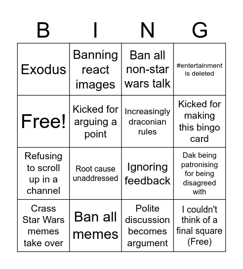 Starforge RP Bingo Card