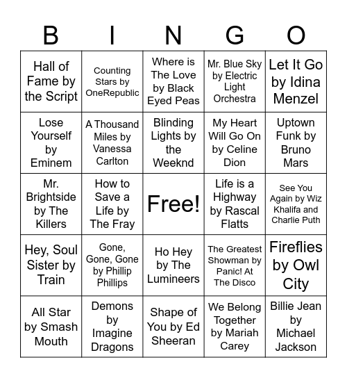 Iconic Songs Bingo Card