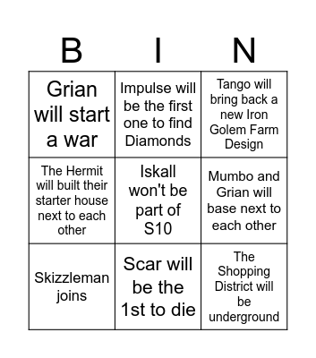 Bingo HC Season 10 Bingo Card
