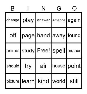WORDS 176-200 Bingo Card