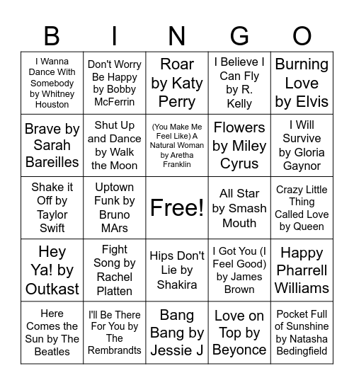 Feel Good Songs Bingo Card