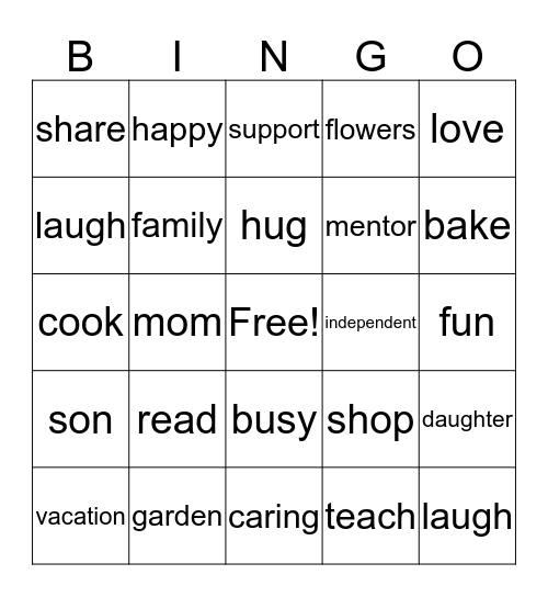 Mothers Day Bingo Card