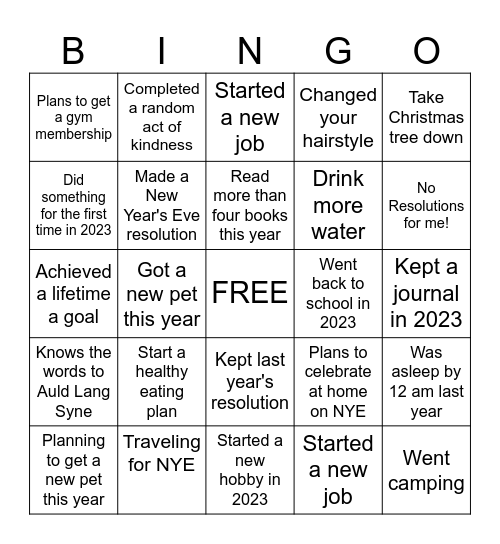 Happy New Year's Eve Bingo Card