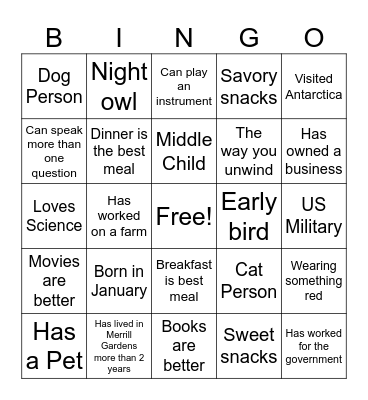 Get To Know You BINGO Card