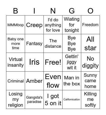 90's Songs Bingo Card