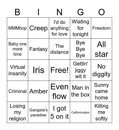 90's Songs Bingo Card