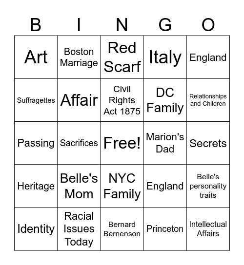 The Personal Librarian Bingo Card