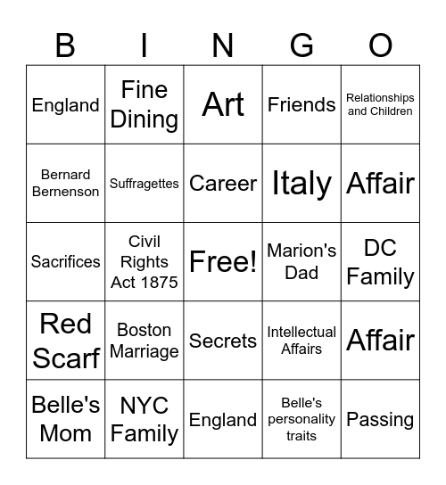The Personal Librarian Bingo Card