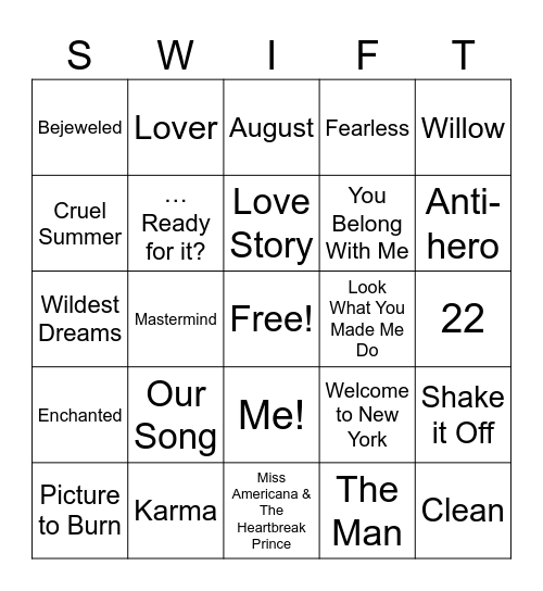 Song Bingo Card