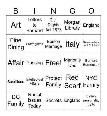 The Personal Librarian Bingo Card