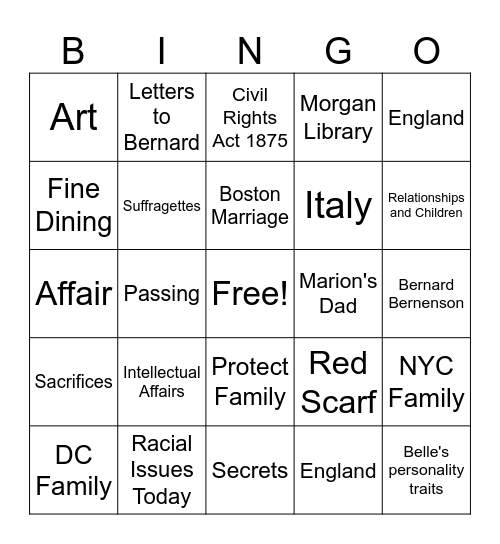 The Personal Librarian Bingo Card