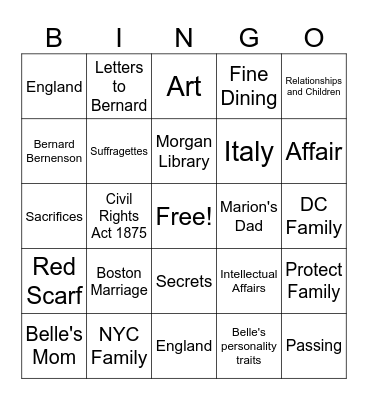 The Personal Librarian Bingo Card