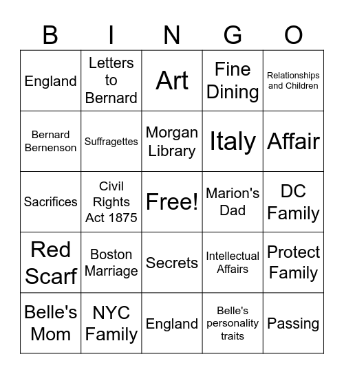 The Personal Librarian Bingo Card