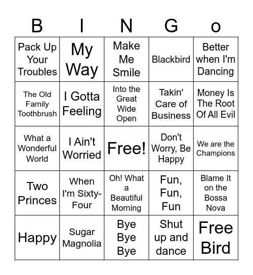 Retirement Song Bingo Card