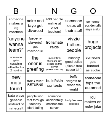 FAEBERRY YEAR 2 BINGO Card