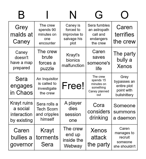 Rogue Trader Clusterfuck Bingo Card