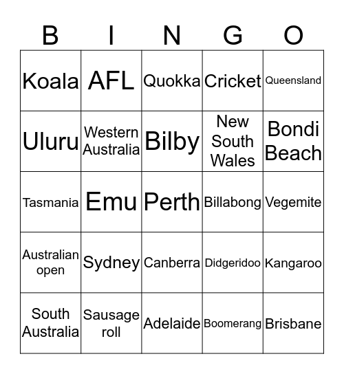 Australia Bingo Card