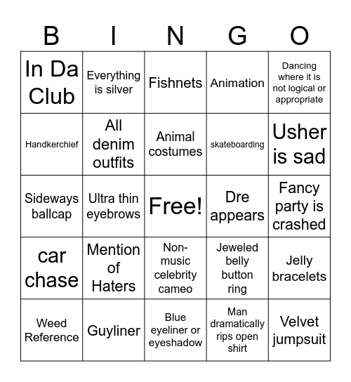 00's Music Video Bingo Card