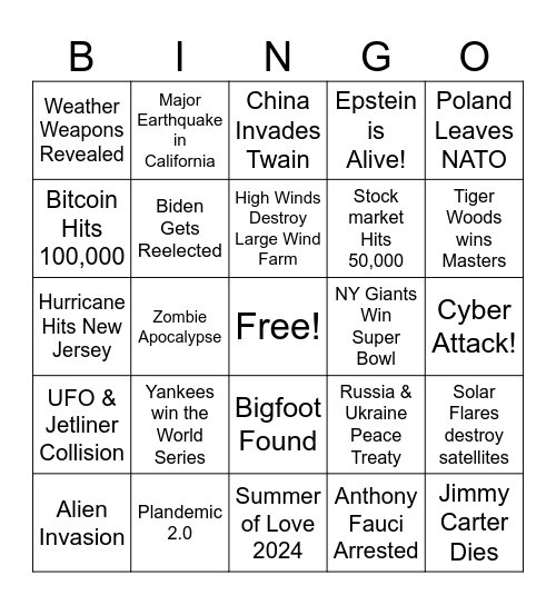 2024: Conspiracy Apocalypse Bingo Card