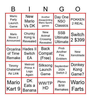 Nintendo 2024 Bingo Card