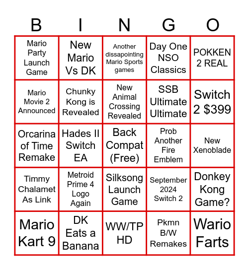 Nintendo 2024 Bingo Card