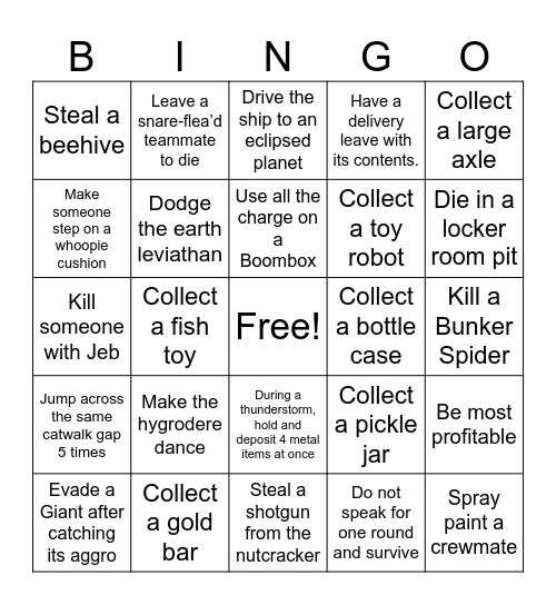 Lethal Company Bingo Card