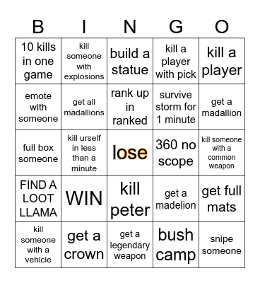 fortnite bingo Card