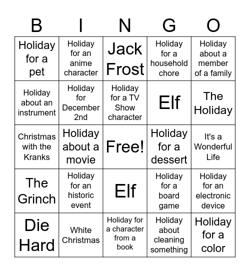 Unusual Holidays Bingo Card