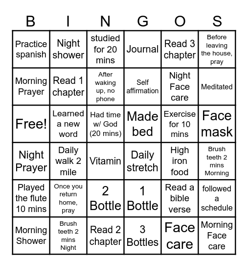 Creating Good Habit Bingo Card