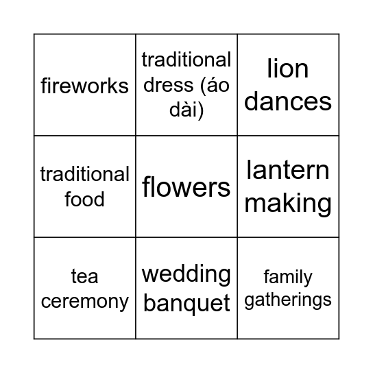 CUSTOMS AND TRADITIONS BINGO Card