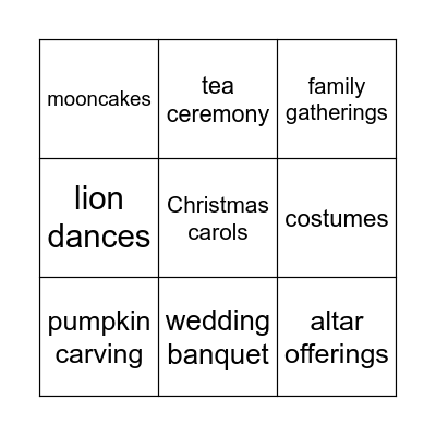 CUSTOMS AND TRADITIONS BINGO Card