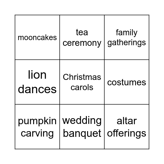 CUSTOMS AND TRADITIONS BINGO Card